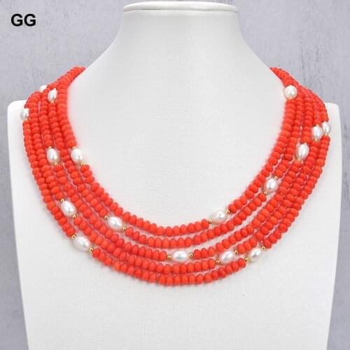 GG Jewelry Excellent! 5Strands White Pearl Orange Coral Necklace