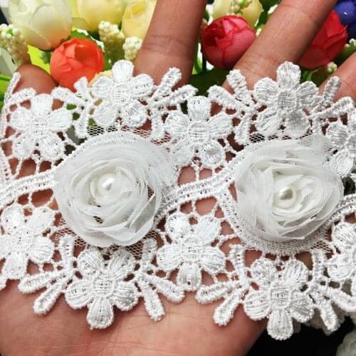 10x Vintage White Polyester Pearl Flower Embroidered Lace Trim Ribbon Fabric Handmade Garment Wedding Dress Sewing Craft 8CM