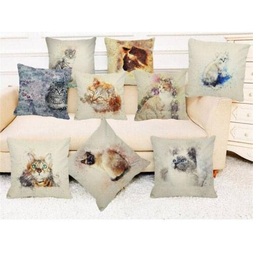 XUNYU Lovely Animal Cushion Cover Watercolor Cat Printing Pillowcase Home Sofa Car Decoration Throw Pillowcase 45x45cm D0057