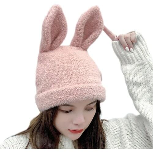 Women Winter Knit Beanie Hat Cute Rabbit Bunny Ears Solid Color Outdoor Stretchy Ski Skullies Cap Ear Warmer Photo Props