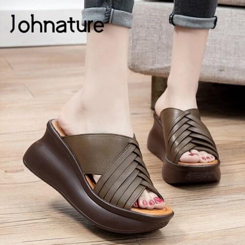 Johnature Genuine Leather Women Slippers Summer Shoes Outside Slides Wedges Leisure 2021 New Retro Sewing Casual Ladies Slippers