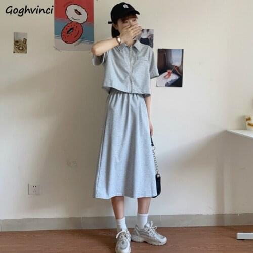 Sets Women Solid Elegant Korean Style 2020 Summer Crop Top Slit Zipper Harajuku Simple Womens High Waist 2 Piece Casual Daily