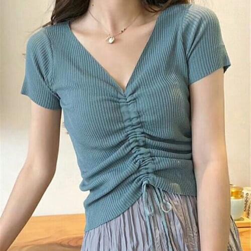 DAXIN Women Pleated Top Tee Drawstring V-neck Short-sleeved Sweater Female Blue One Size Tshirt