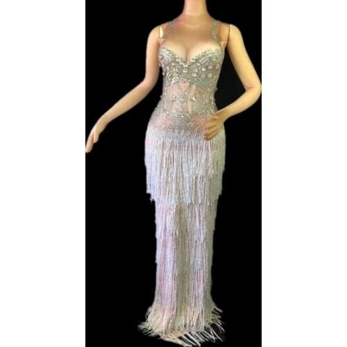 Womens Birthday Party Wear Nightclub Female Singer Show Sexy Stage Dresses Sparkly Rhinestones Tassels Printed Long Style Dress