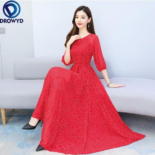 2021 Spring Autumn Red Dot Chiffon Boho Beach Maxi Dresses Vintage O-neck Chic Maxi Dress Women Elegant Bodycon Party Vestidos