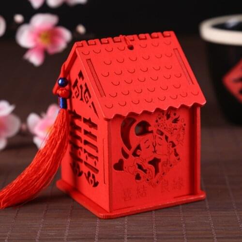 100pcs 3 Style Creative Exquisite House Shape Wedding Candy Box Chinese Style Red Wooden Chocolate Candy Boxes Party Decoration