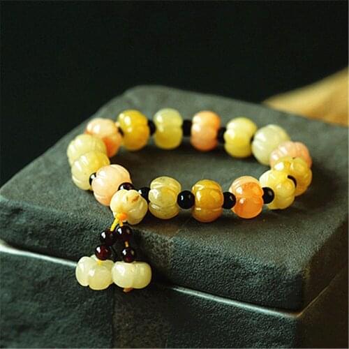 Xinjiang Natural Color Jade Pumpkin Beads Bracelet Golden Silk Yellow Jade Charm Accessories DIY Hand-Carved Lucky Amulet Women
