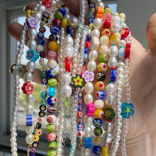 Transparent Flowers Colorful Bead Pearl Soft Pottery Irregular Flowers Pendant Metal Chain Necklace For Girls Jewelry 2021 NEW