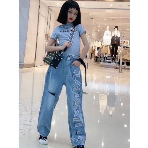 Girls Straight Jeans 8 10 12 years Girl Spring Autumn Fashion Ripped Patched Jeans Hiphop Dance Children Pants