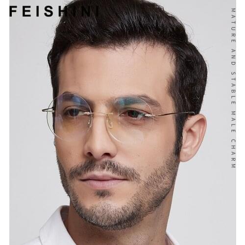 Feishini Round Rimless Computer Glasses Women Rays Radiation Eyeglasses Frames Metal Unisex Anti Blue Light Glasses Men
