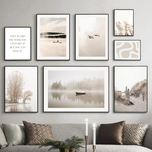 Wall Art Canvas Painting Autumn Lake Boat Reed Beach Bird Tree Nordic Posters And Prints Wall Pictures For Living Room Decor Bar