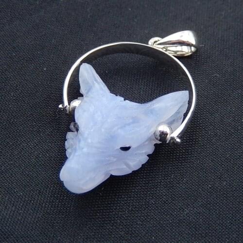 Wholesale 1pcs Fashion natural stone Blue Lace Agate Carved Wolf Head Sterling silver Pendant for jewelry making 21x16x8mm,3.1g