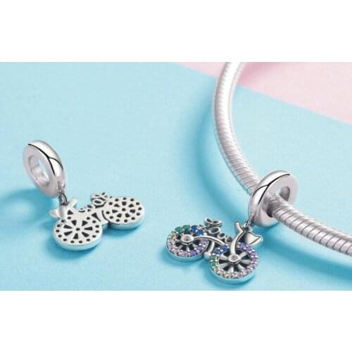 Valentines Day New 925 Sterling Silver Bike Bicycle Love Pendant Charms fit Charms Bracelets Necklaces DIY Jewelry Accessories