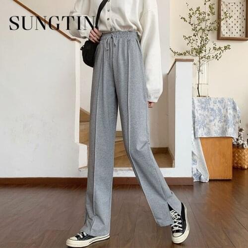 Sungtin Casual Loose Wide Leg Pants Women Split Drawstring High Waist Straight Pants Female Korean Chic Black Trousers Soft 2021