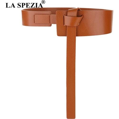LA SPEZIA Genuine Leather Wide Waist Belts For Dress Women Belt Self Tie Solid Black Red Camel Fashion Female Corset Belt 120cm