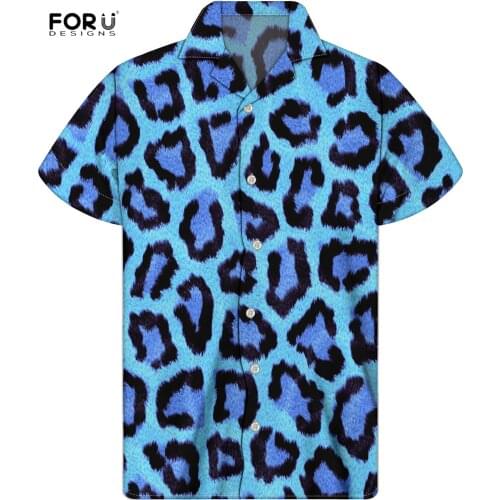FORUDESIGNS Blue Leopard Prints Mens Aloha Shirts Feminina Loose Casual Stand Shirts Top Male Party Fit Blouse Camisa Hawaiana