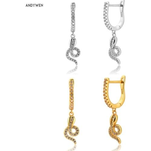 ANDYWEN 100% 925 Sterling Silver Crystal CZ Snake Pave Zircon Ovals Drop Earring Gold Loops Women Pendientes Party Thick Jewelry