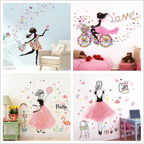 [SHIJUEHEZI] Cartoon Fairy Girl Wall Stickers DIY Butterflies Flowers Mural Decals for House Kids Room Baby Bedroom Decoration