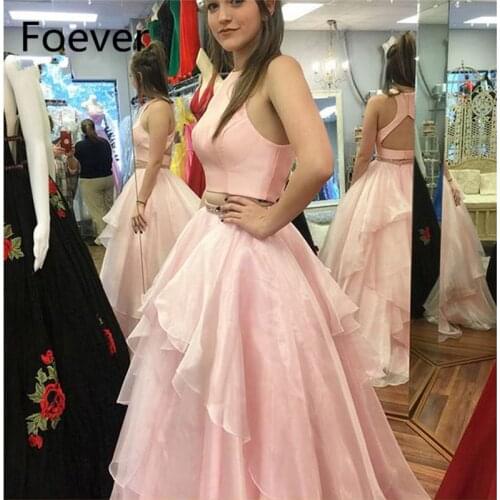 2019 Blush Pink Evening Prom dresses Organza Ruffles Halter Off Shoulder Vestidos de fiesta Backless Formal Evening Dress Long