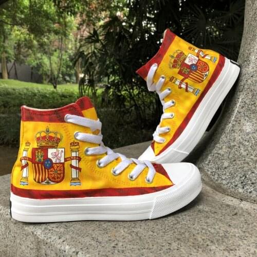 Wen Design Hand Painted Custom Shoes Spain Flag High Top Women Mens Canvas Sneakers Laced Skateboarding Shoes for Boy Girl
