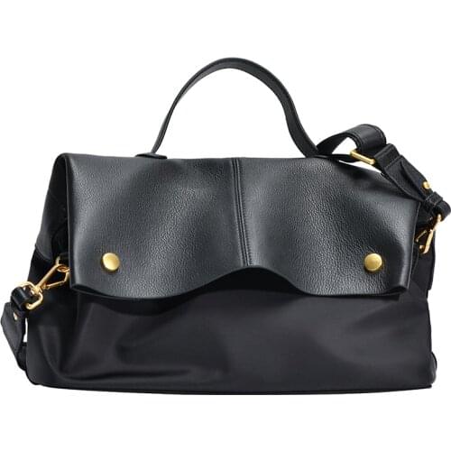 WOONAM Large Casual Bag Top Handle Genuine Calf Leather Trimmed Waterproof Nylon Canvas Shoulder Bag WB963