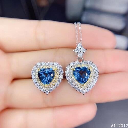 KJJEAXCMY fine jewelry natural blue topaz 925 sterling silver exquisite girl new pendant necklace ring set support test with box