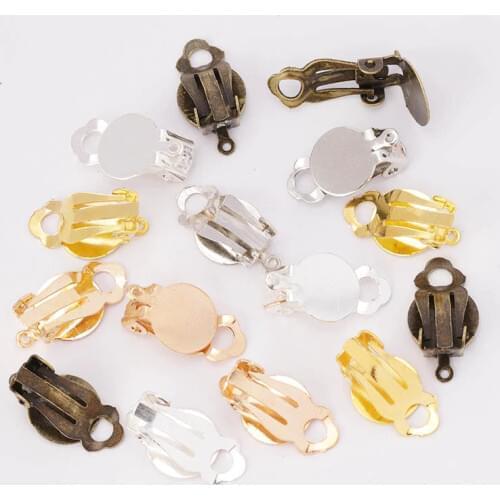 50pcs Gold Silver Plated Iron Ear Clip Earrings Blank/Setting Base Fit 10mm Glass Cabochons Diy Components Findings