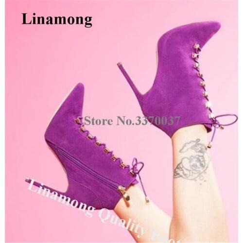 Linamong Women Fashion Pointed Toe Suede Leather Stiletto Heel Short Boots Purple Lace-up High Heel Ankle Booties Dress Heels