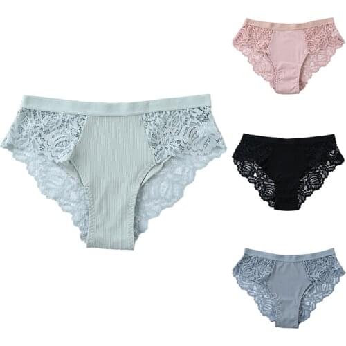Women Panties Sexy Solid Color Underwear Lace Patchwork Intimate Plus Size Briefs Soft Breathable Female Underpants Lingerie