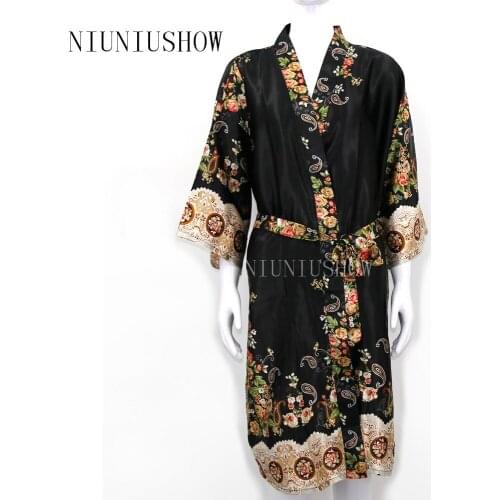 New Print Womens Satin Robe Gown Lady Elegant Floral Kimono Sexy Nightgown New Casual Bathrobe Sleepwear Plus Size