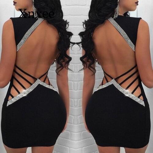 Womens Sequin Sexy Dress Deep V Neck Summer Hollow Out Backless Ladies Evening Party Mini Dress tight black burgundy sleeveless