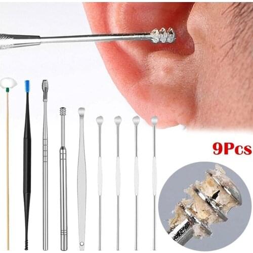 9pcs Ear Wax Remove Kit Ear Pick Cleaning Tools Set Ear Curette Earwax Remove Tools Steel Ear Picking Tool