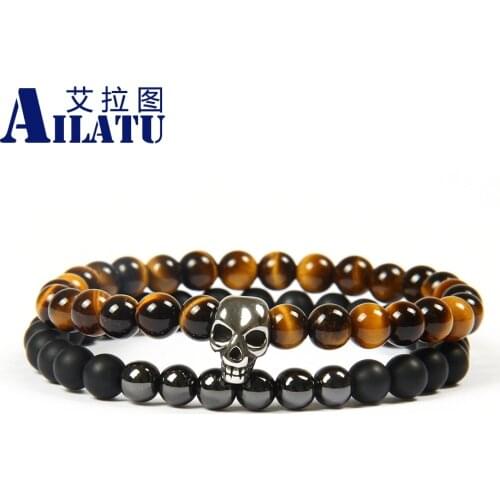 Ailatu Hot Sale Jewelry Wholesale 10 Sets /lot 6mm Natural Tiger Eye & Matte Onyx Stone Stainless Steel Skull Beaded Bracelets
