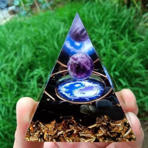 Amethyst Crystal Sphere & Obsidian Quartz Ying yang Orgone Pyramid 60MM Taiji Reiki Energy Healing Chakra Meditation
