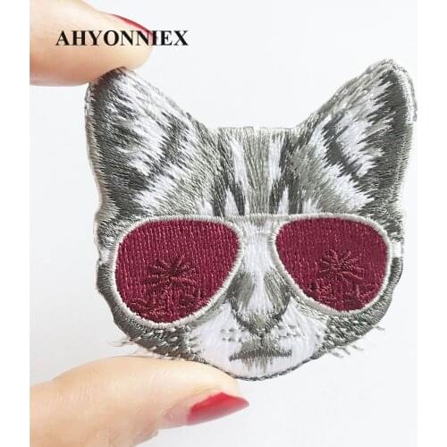 AHYONNIEX Glasses Cat Patch for Clothing Iron on Embroidered Sewing Applique Cute Sew On Fabric Badge DIY Apparel Accessories