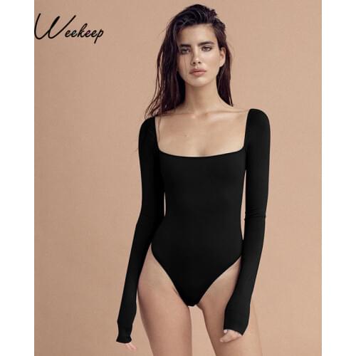 Weekeep Rib Knit Casual Basic Bodysuit Womens Square Neck Long Sleeve Vintage Body Rompers Skinny Aesthetic Streetwear Jumpsuits