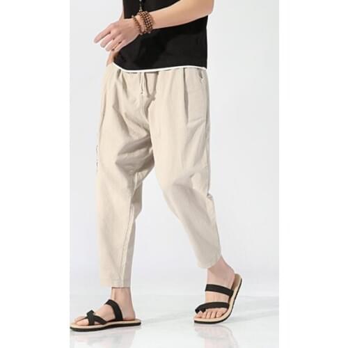 #8060 Summer Cotton Linen Pants Men Black Beige Ankle-length Harem Casual Vintage Trousers Embroidery Streetwear Chinese Style