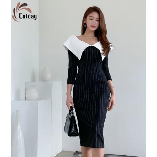 Cotday Peter Pan Collar Black 2021 New Autumn Spring Office Style Lady Women Striped Three Quarter Elegant Vestidos To Dress