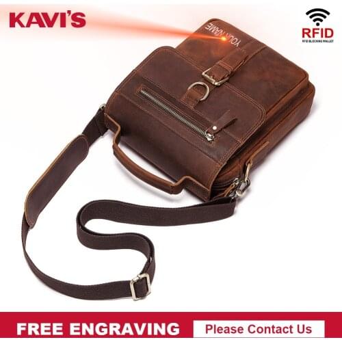 KAVIS Engraving Crazy Horse Leather Men Messenger Bags New Fashion Business Casual Crossbody Leather Male Shoulder Bag Quality