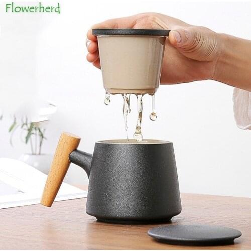 Ceramic Prcelain Tea Cup with Lid Handle Teaware Kung Fu Tea Set Tea Separation Cup Filter Creative Wooden Handle Cup Office Cup