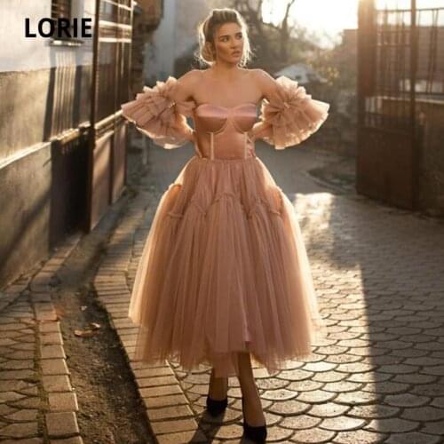 LORIE Dusty Pink Prom Dress 2021 Sweetheart Ruffles Tea Length Celebrity Wedding Party Dress for Graduation vestidos de fiesta