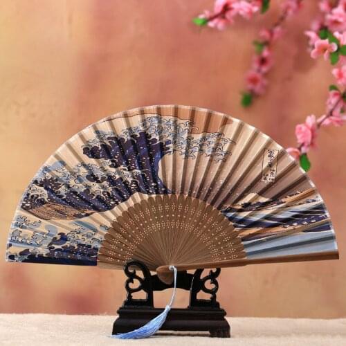 Real Silk Hand Fan Mount Fuji Kanagawa Waves Japanese Folding Fan Pocket Fan Wedding Accessories Decoration Gift Event Supplies