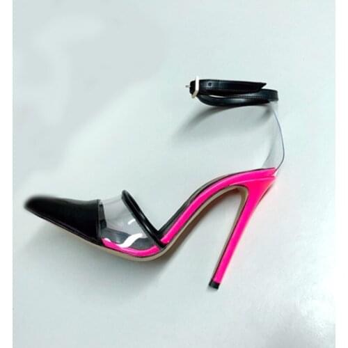 Newest Pointed Toe Patchwork PVC Transparent Shoes Mixed Colors Ankle Strap Stiletto Heel Pumps Cut-out Gladiator Party Heels