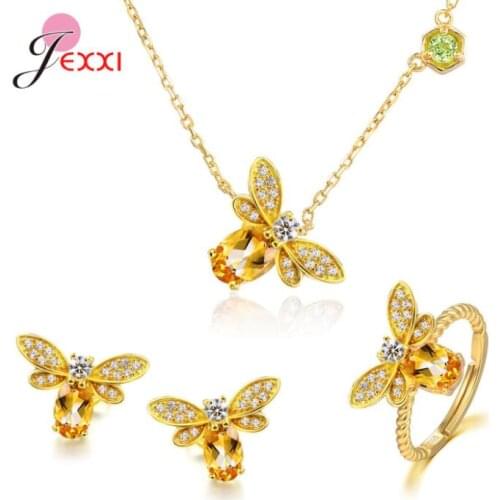 New Arrival Women Fashion Full Sets Bee Jewelry 925 Silver Trendy Gold Color Bracelet Earrings Pendant Necklace For Sale