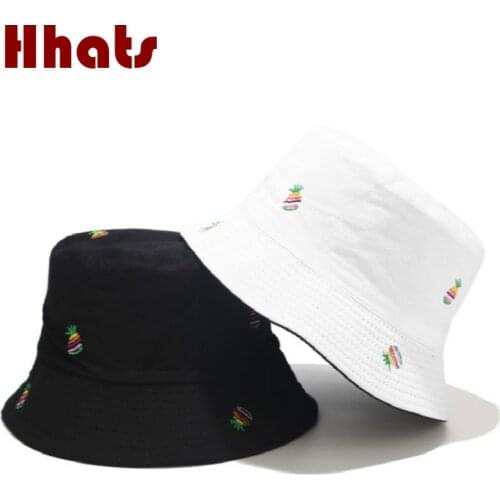 Pineapple Bucket Hat Cap Fashion Cotton Reversible Women Hat Two Side Wear Embroidery Fishing Sun Hat Hiking Beach Panama Bob