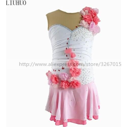 Figure Skating Dress Womens Girls' Ice Skating Dress Sleeveless round neck pink white Light pink flower decoration