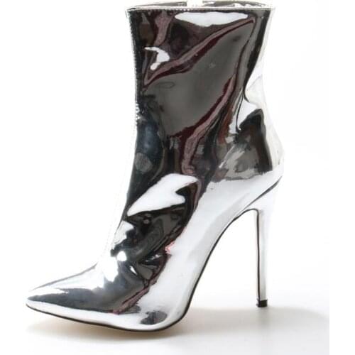 Luxury Mirror Leather Tight High Boots Pointed Toe Sexy Boots For Women Silver Gold Metallic Leather Mid-calf Boot Size 10