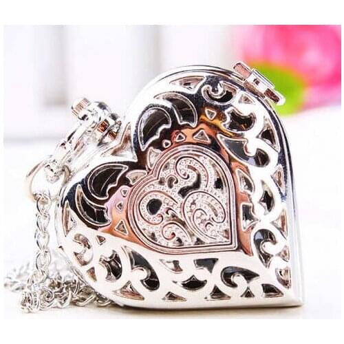 Xmas Gift Silver Hollow Quartz Heart-shaped Pocket Watch Clock Necklace Pendant Womens Gift Dropshipping Free Express 20pcs PL54