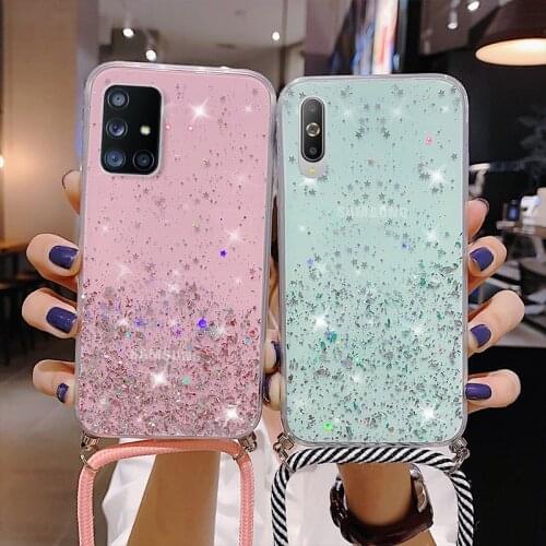 Glitter Strap Cord Chain Necklace Lanyard Case For Samsung Galaxy S20 Ultra S10 S9 S8 Plus Note 10 Pro 8 9 Candy Color Cover