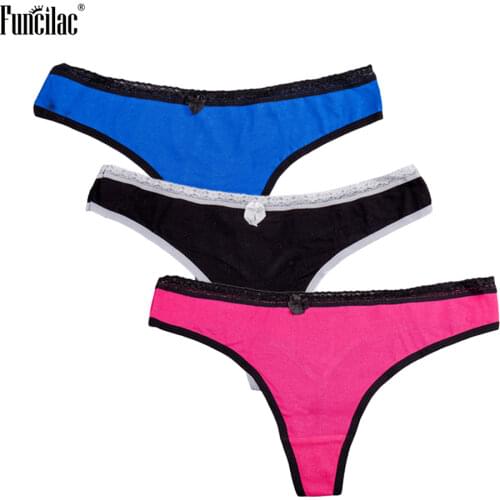 FUNCILAC Sexy Women Underwear Cotton G String Panties Lace Patchwork Thong Briefs Intimate Tanga G-String Lingerie 3pcs/Lot